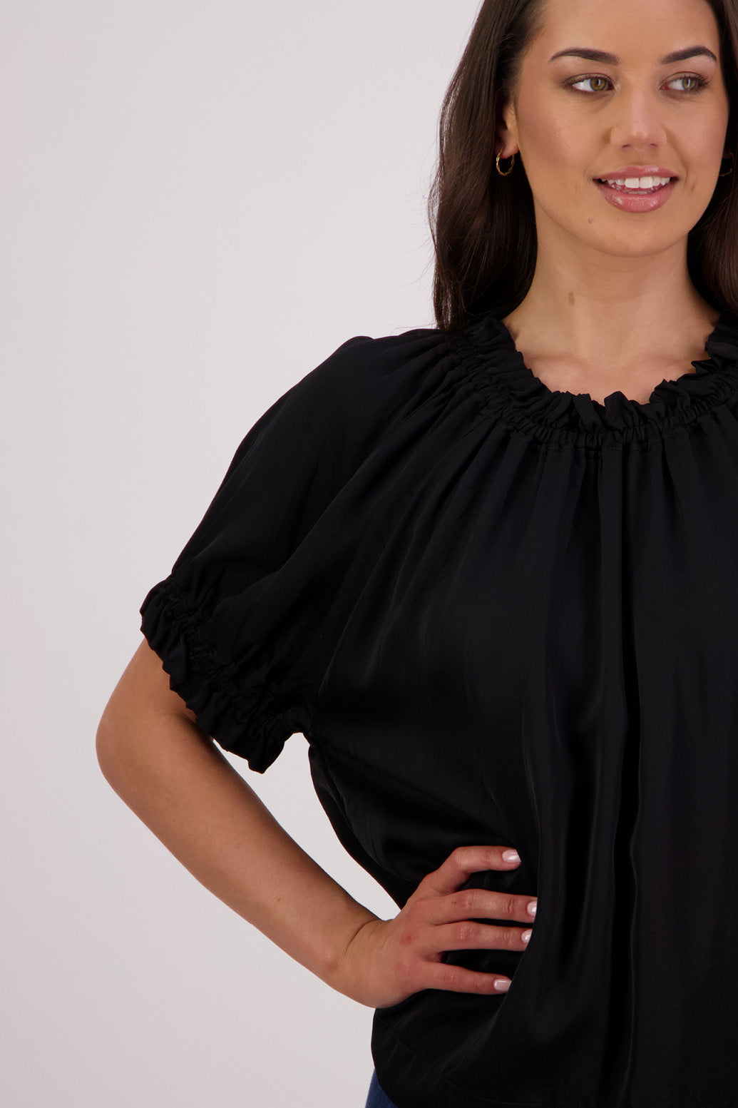 Close up front view Briarwood Teddy top in black.