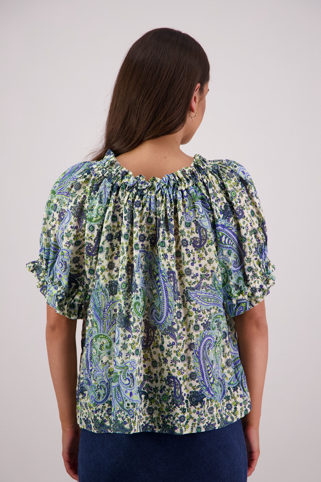 Back view of Briarwood Teddy Top in blue paisley print.