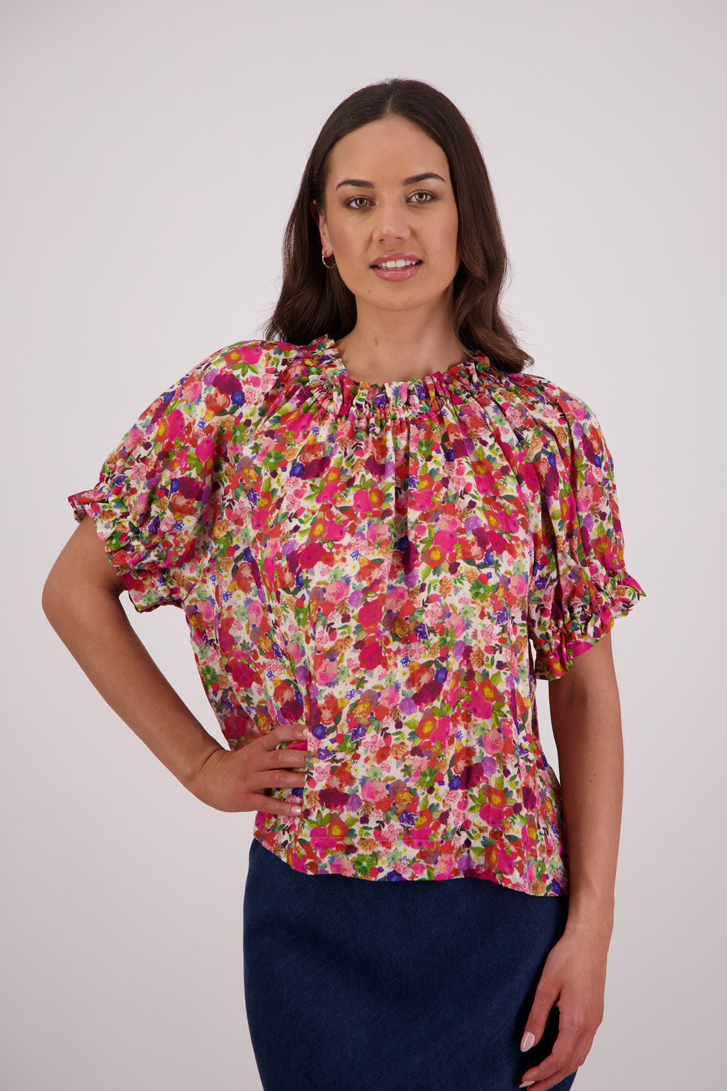Briarwood Teddy Top in bright floral print, 100% ramie.