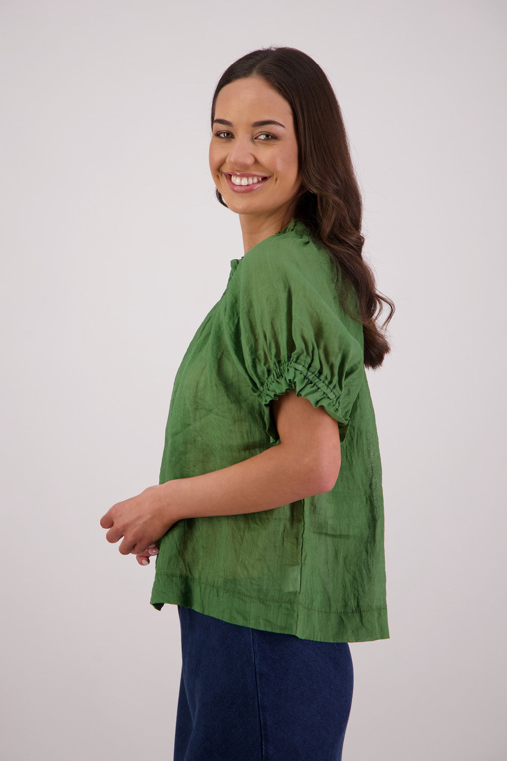 Side view Briarwood Teddy Top in Green.