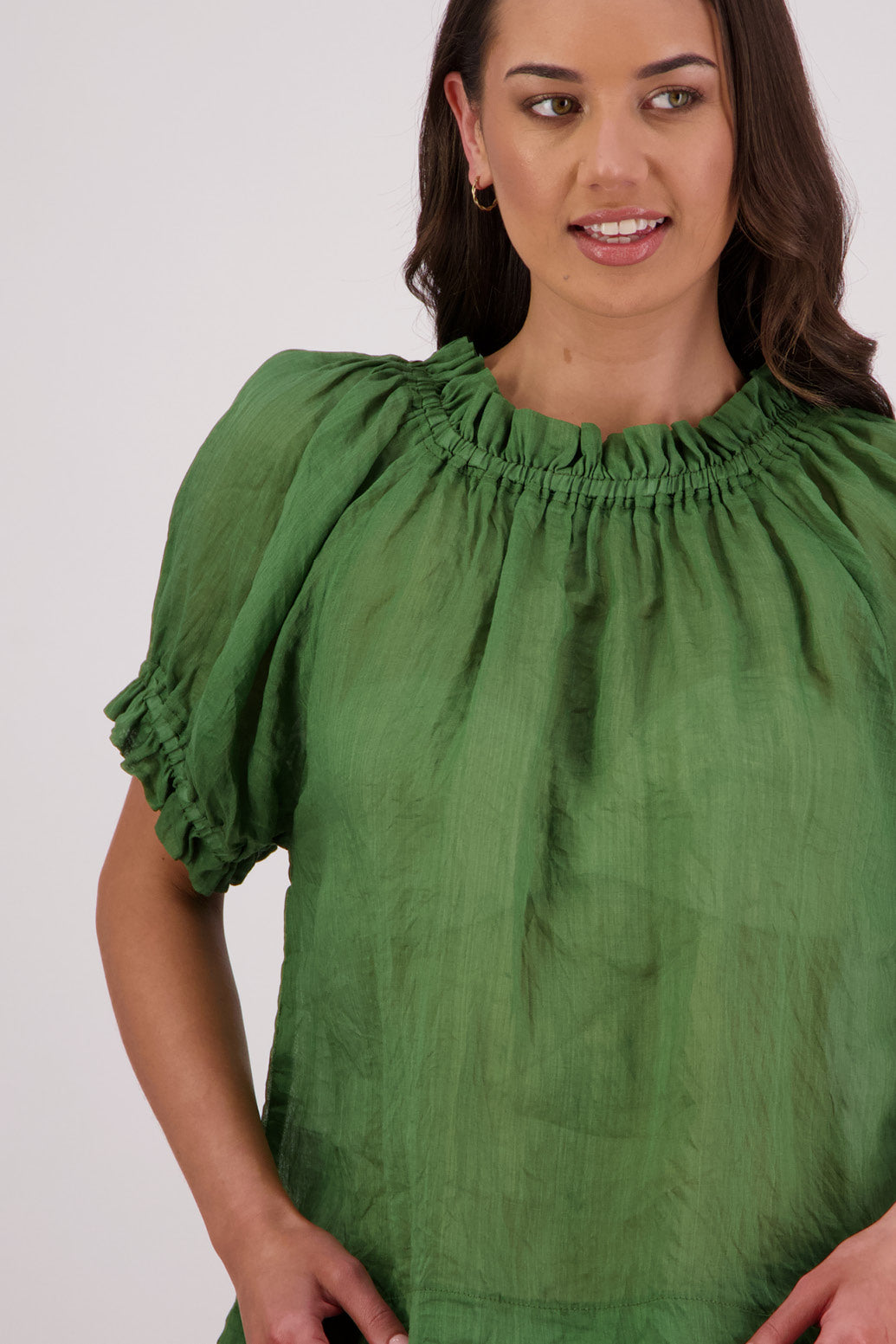 Closeup front view Briarwood Teddy Top in Green.
