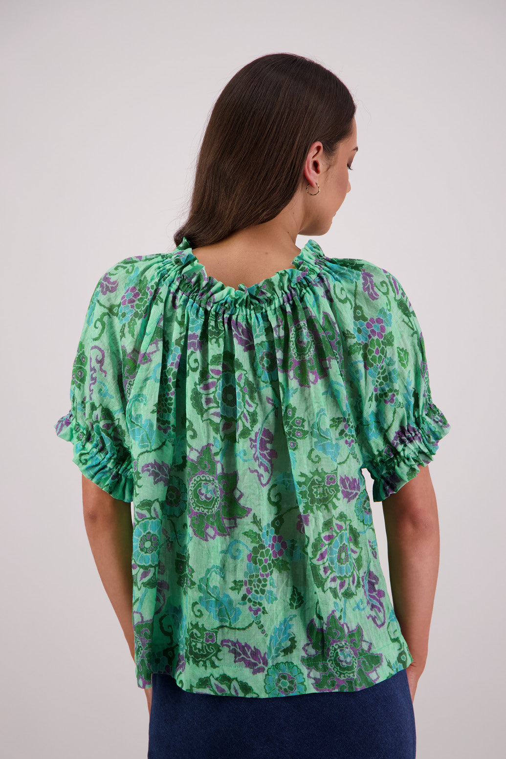 Back view of Briarwood Teddy Top in green floral print.