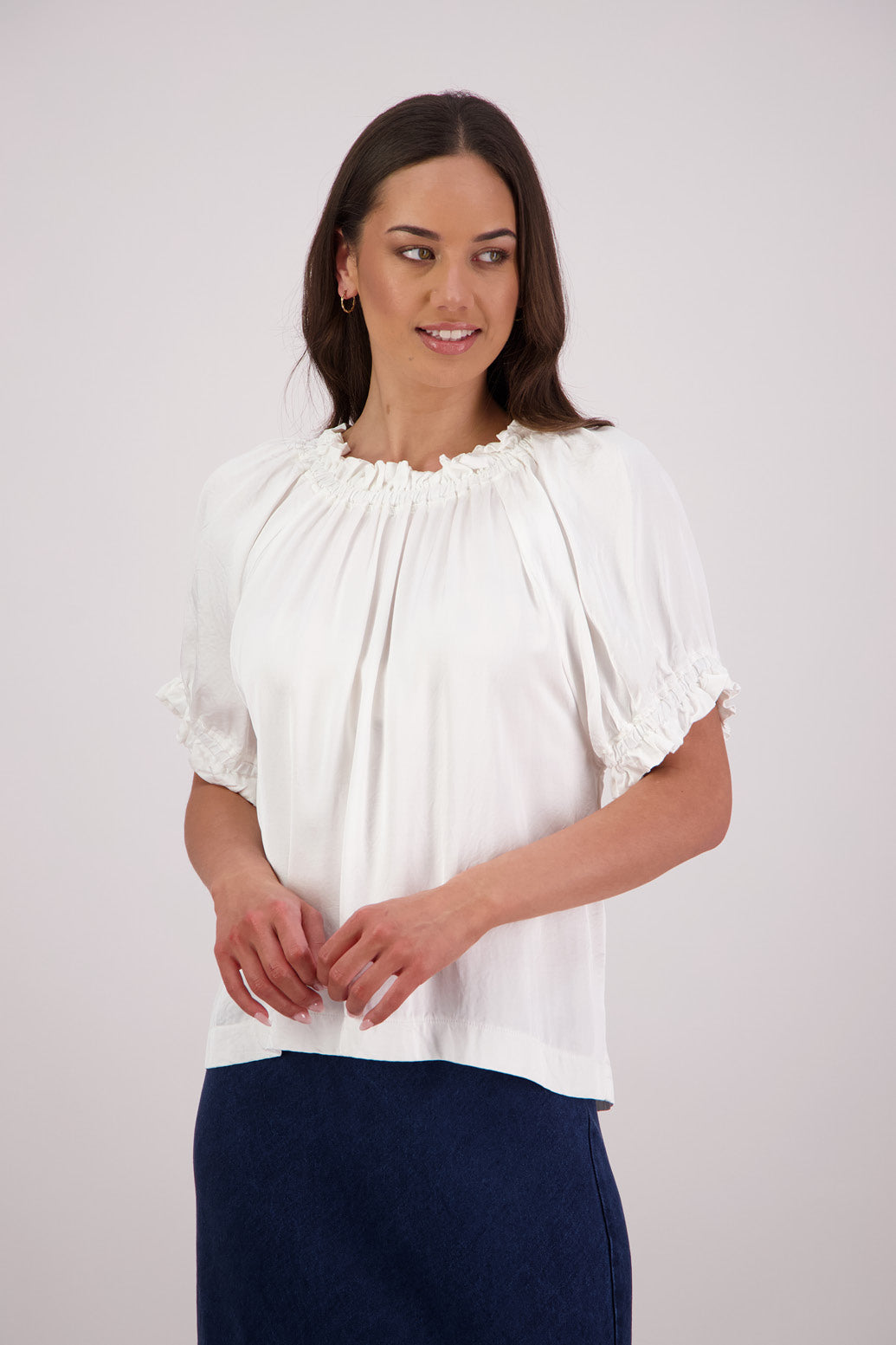 Briarwood Teddy top in ivory, 100% viscose.
