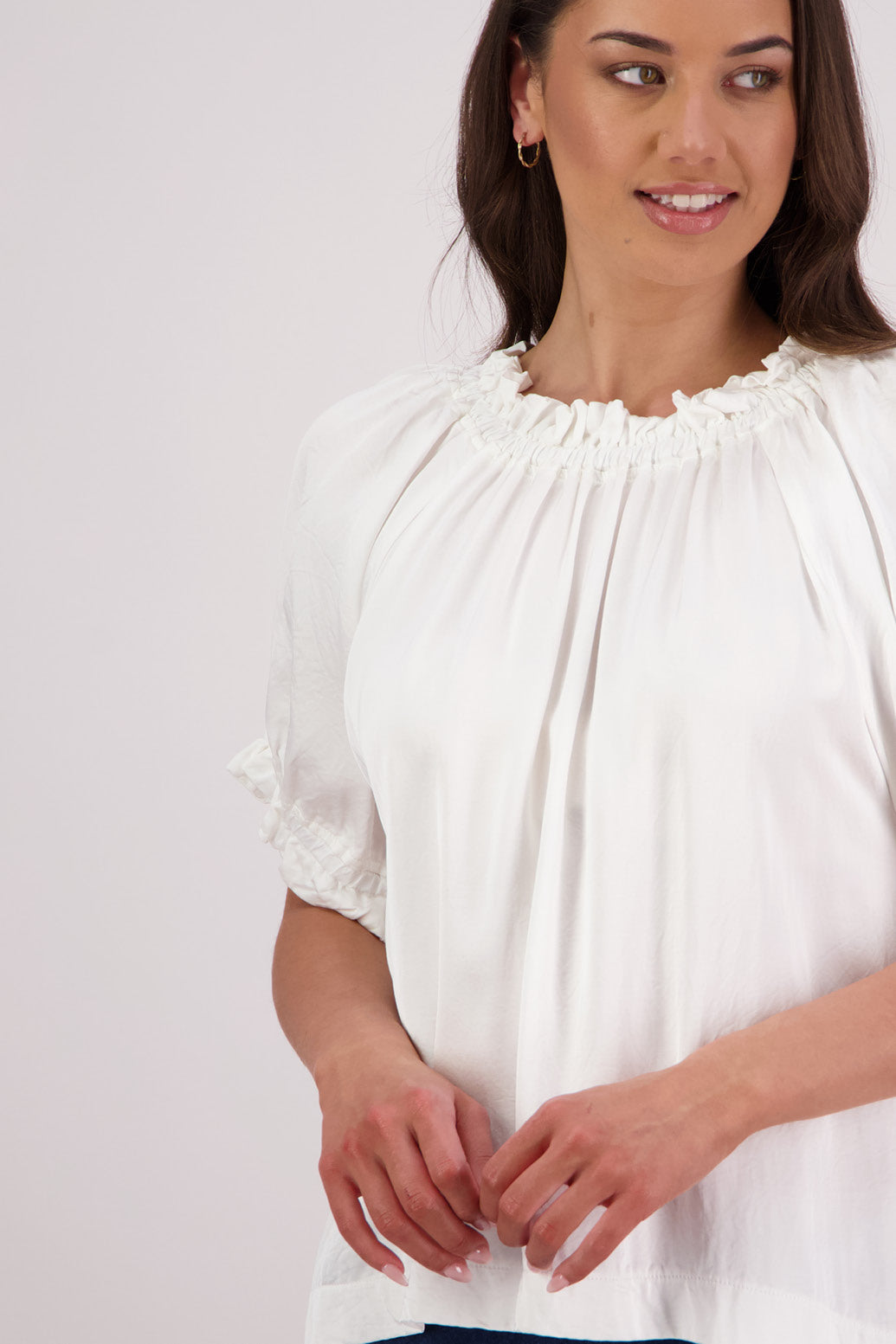 Close up front view Briarwood Teddy top in ivory.