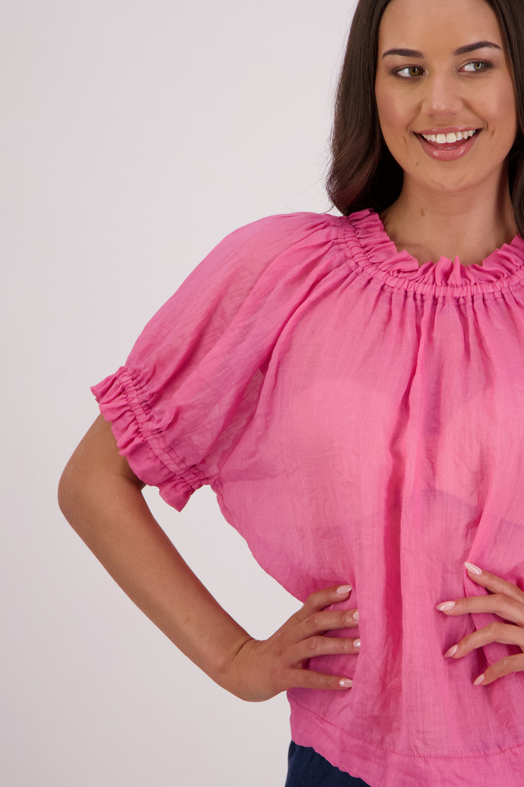 Closeup front view Briarwood Teddy Top in Pale Pink.