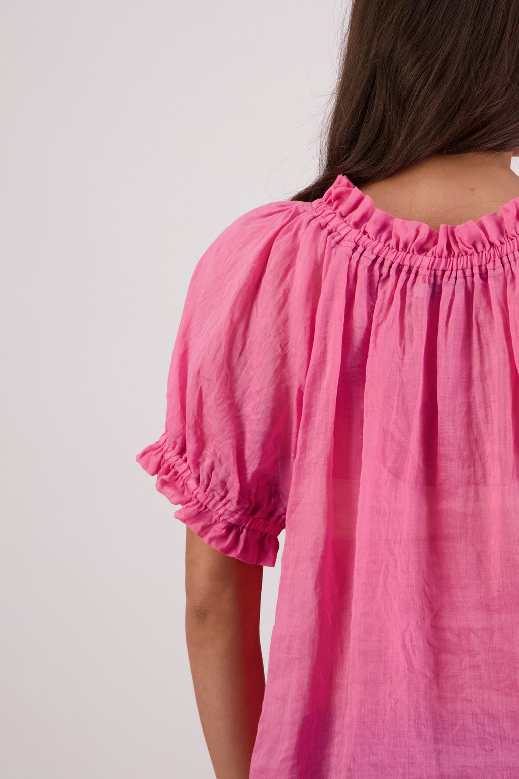 Closeup back view Briarwood Teddy Top in Pale Pink.