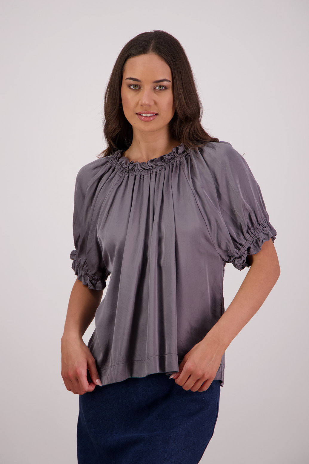 Briarwood Teddy top in silver, 100% viscose.