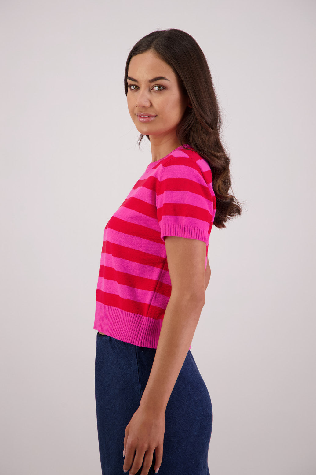 Side view Briarwood Teenie Knit Top in Pink/Red Stripe.