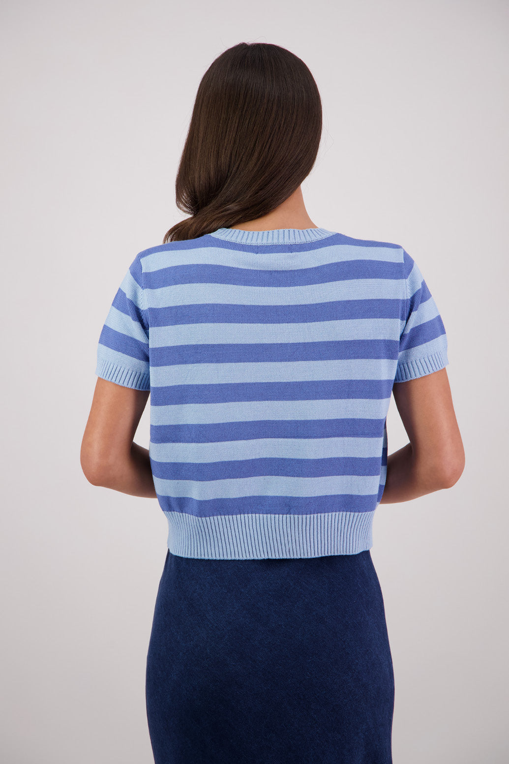 Back view Briarwood Teenie Knit Top in Sky/Blue Stripe.