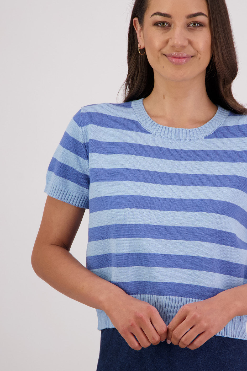 Closeup front view Briarwood Teenie Knit Top in Sky/Blue Stripe.