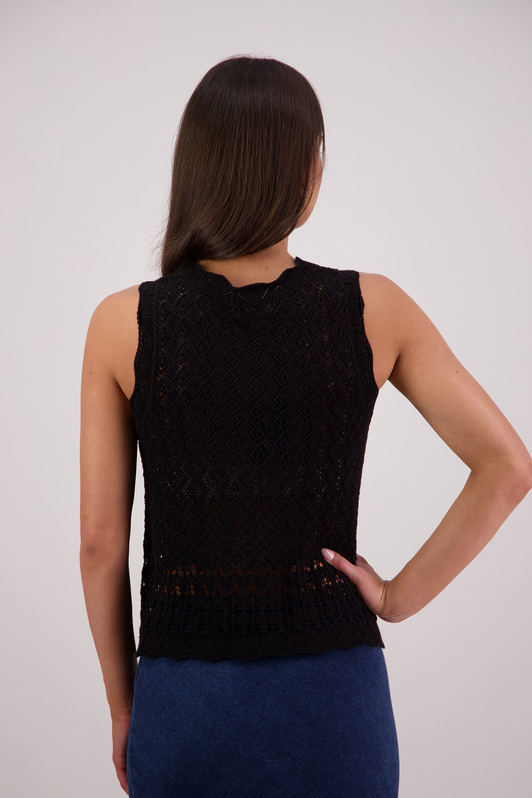 Back view Briarwood Temple Sleeveless Top in Black.
