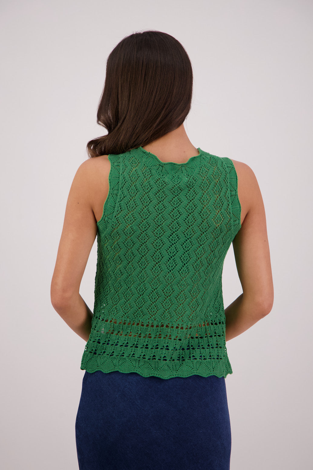 Back view Briarwood Temple Sleeveless Top in Green.