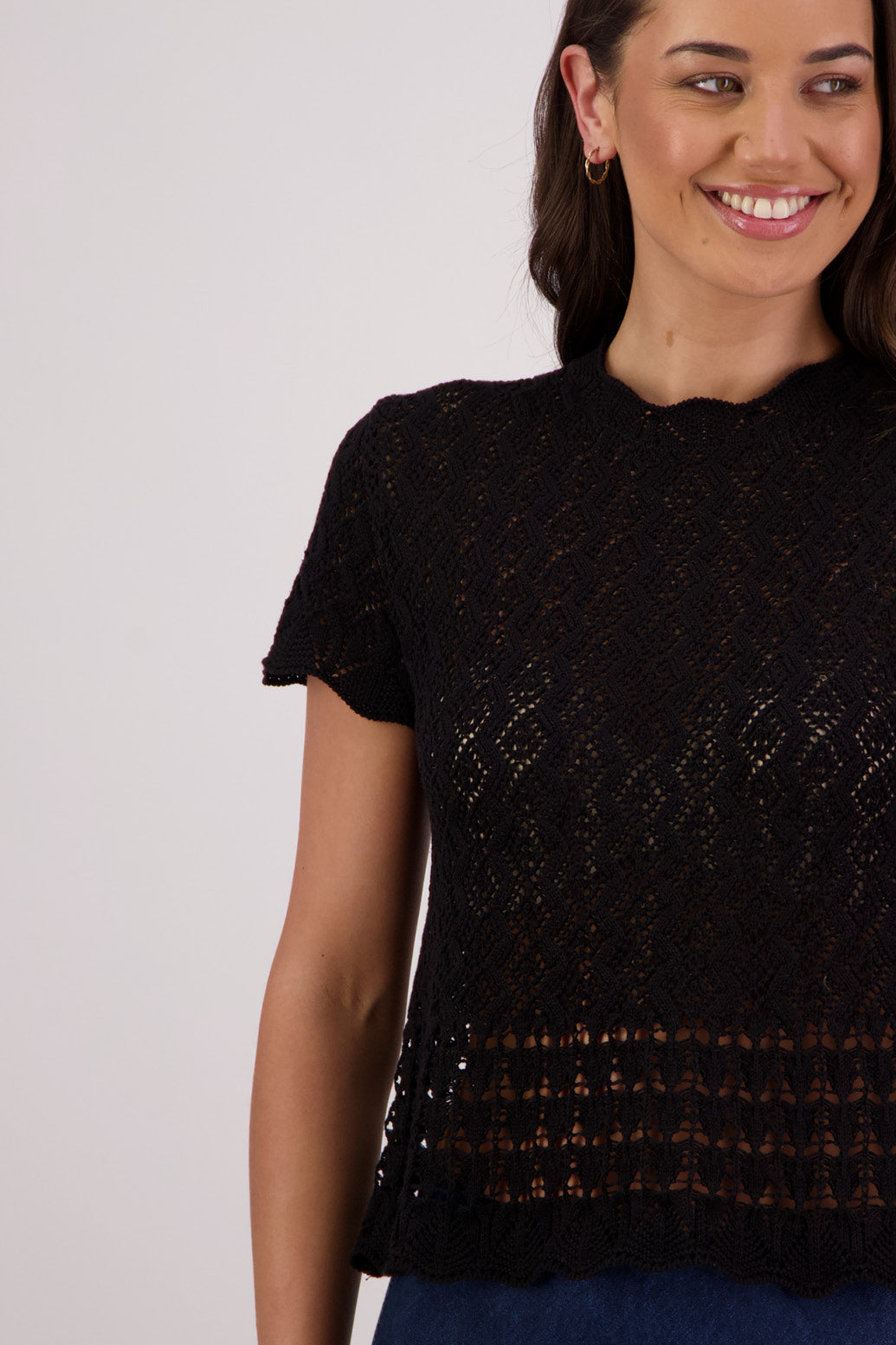 Closeup front view Briarwood Templeton Black Knit Top.