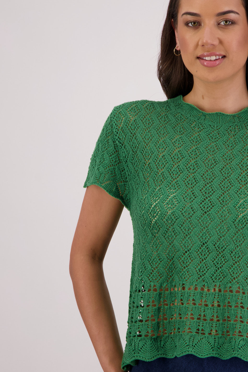 Closeup front view Briarwood Templeton Green Knit Top.