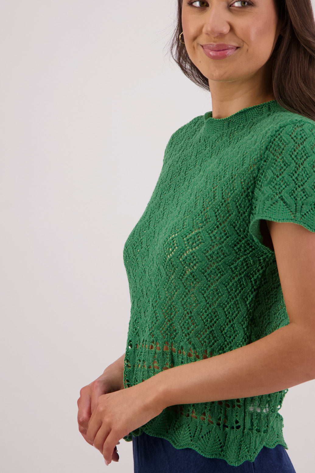 Closeup side view Briarwood Templeton Green Knit Top.