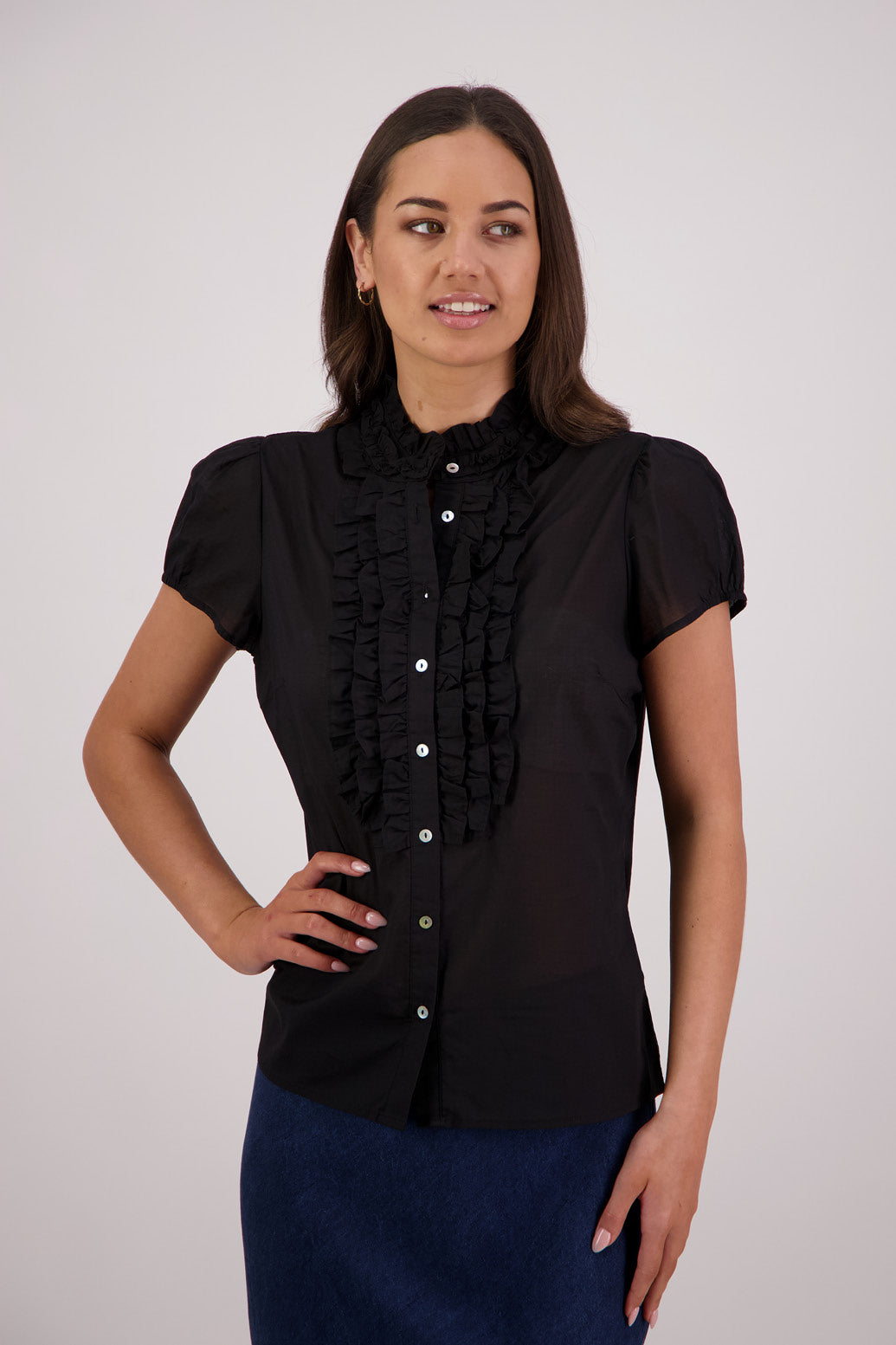 Briarwood Terri Shirt in Black, 100% Cotton Voile.