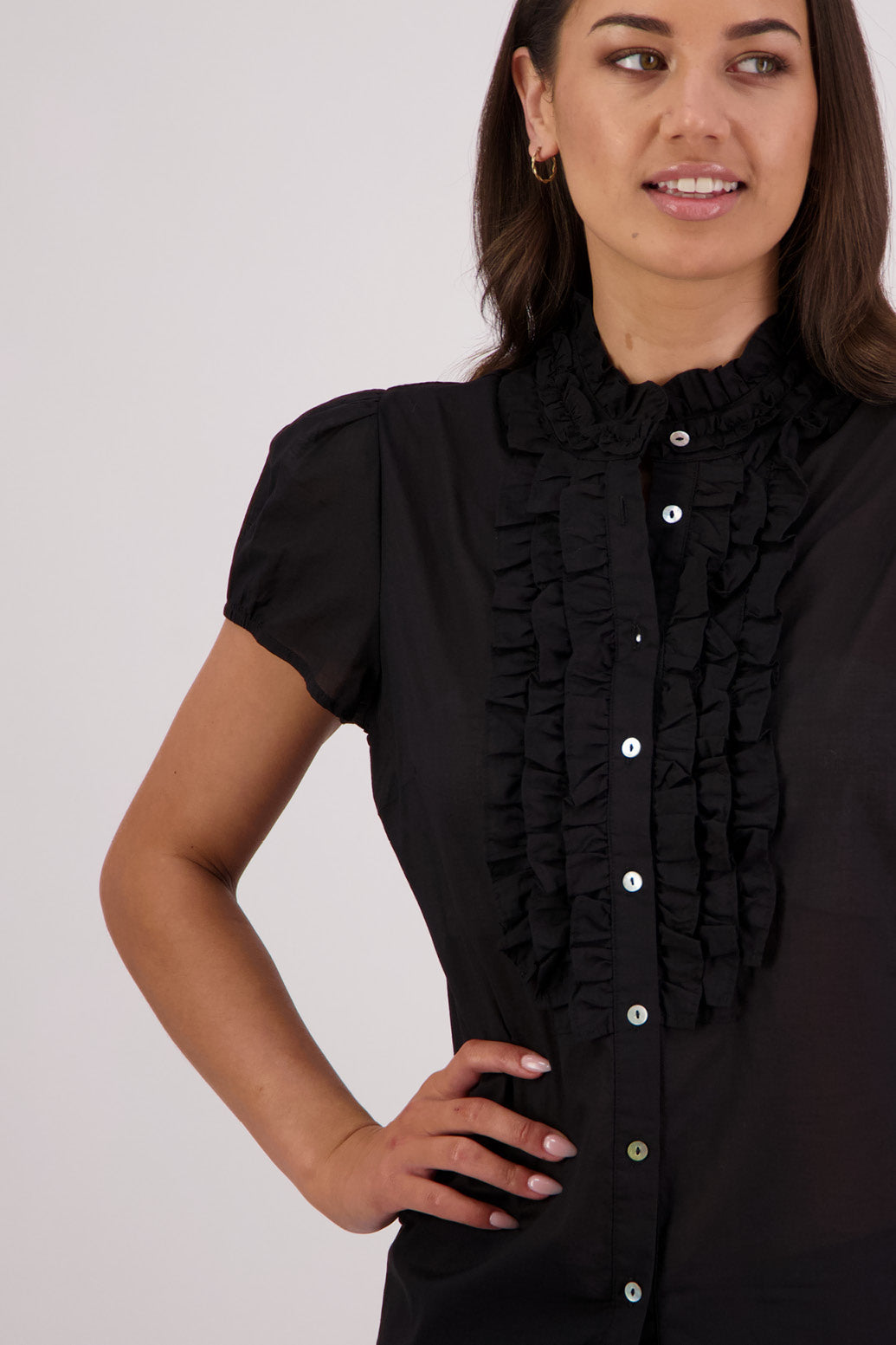 Closeup front view Briarwood Terri Shirt in Black.