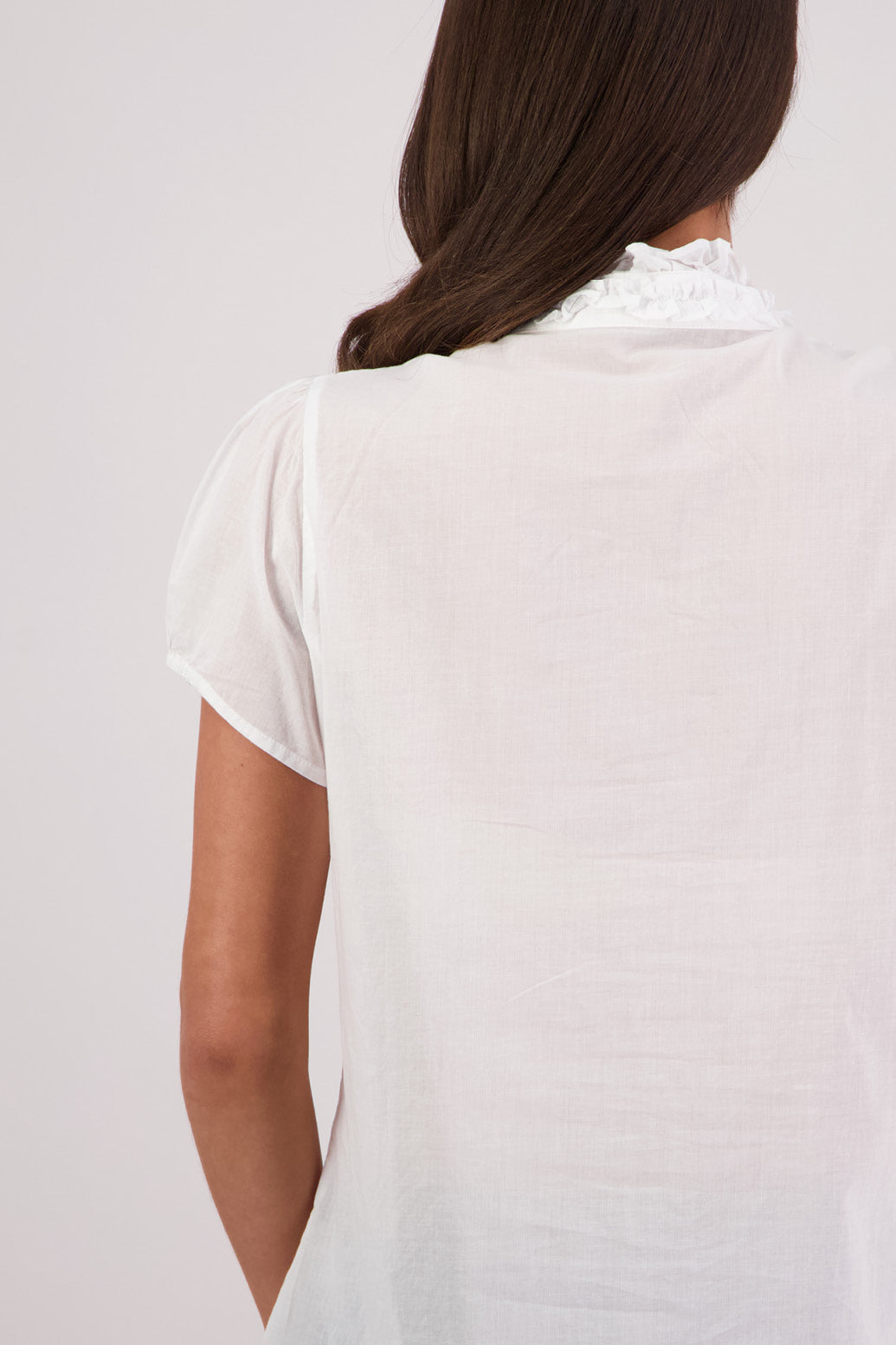 Closeup back view Briarwood Terri Shirt in White.