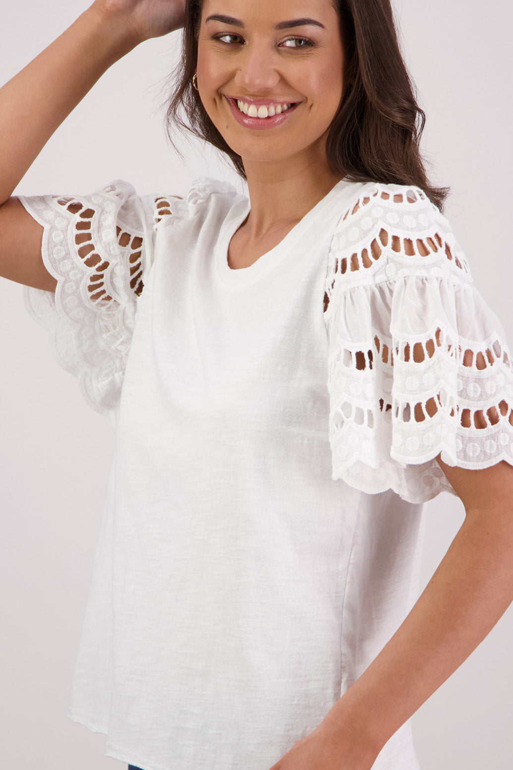 Closeup side view Briarwood Text T-shirt in white.