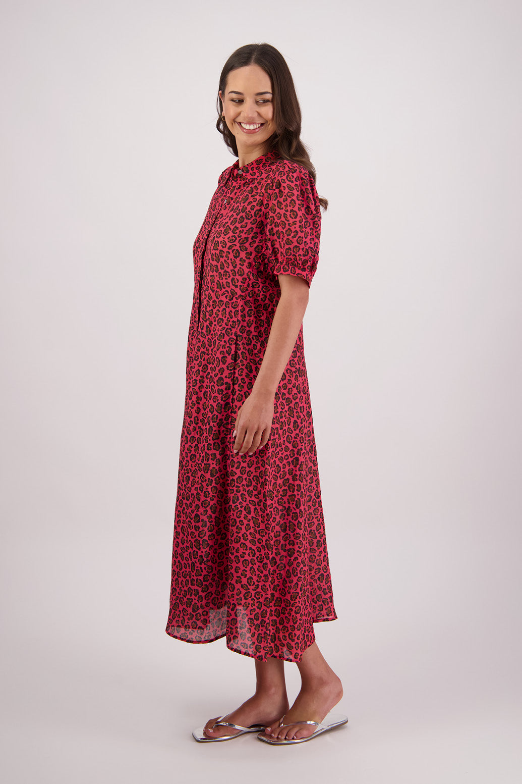Side view Briarwood Thelma Shirt Dress in Animal print.