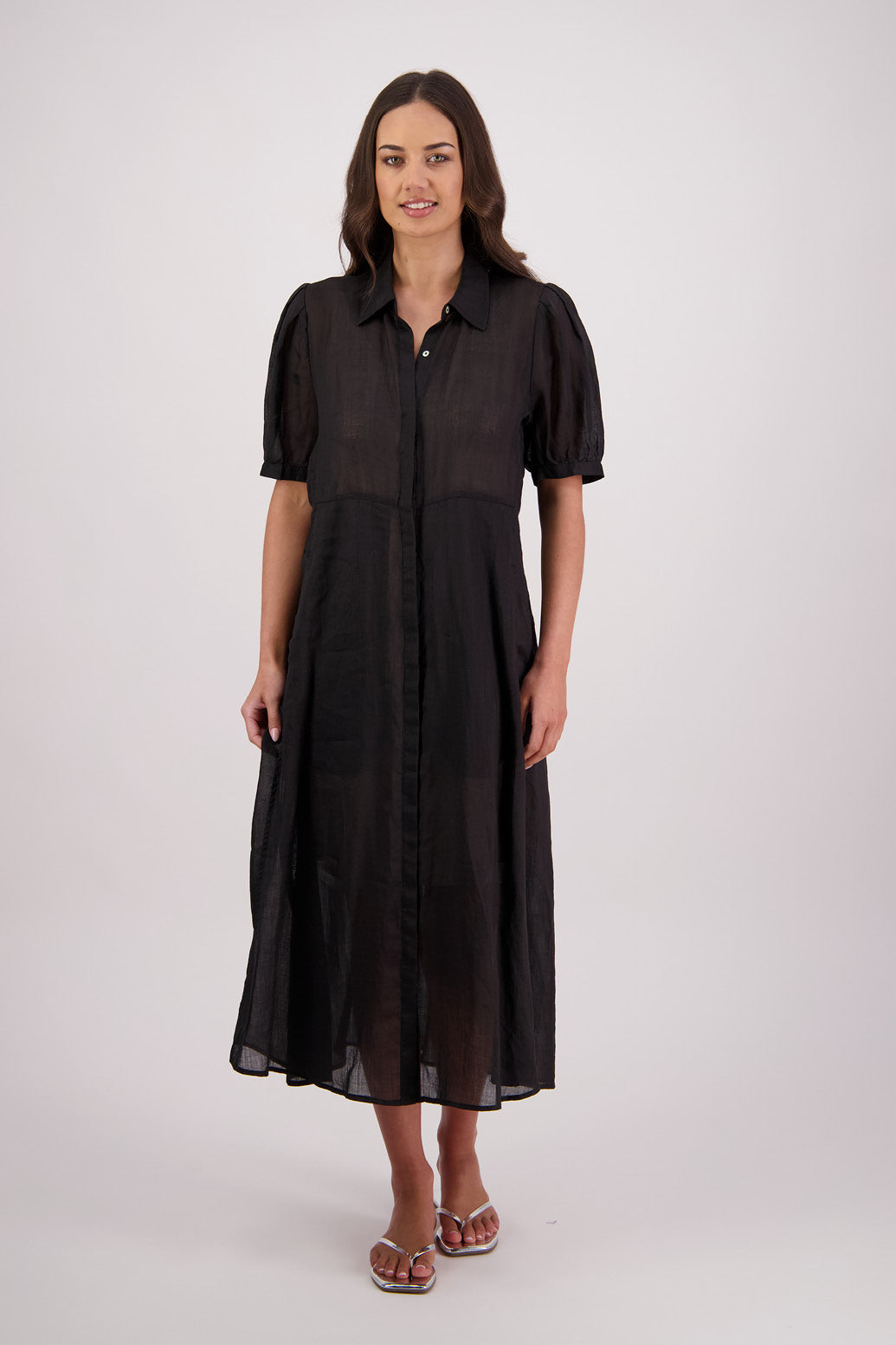 Briarwood Thelma Shirt Dress in Black, 100% Ramie.