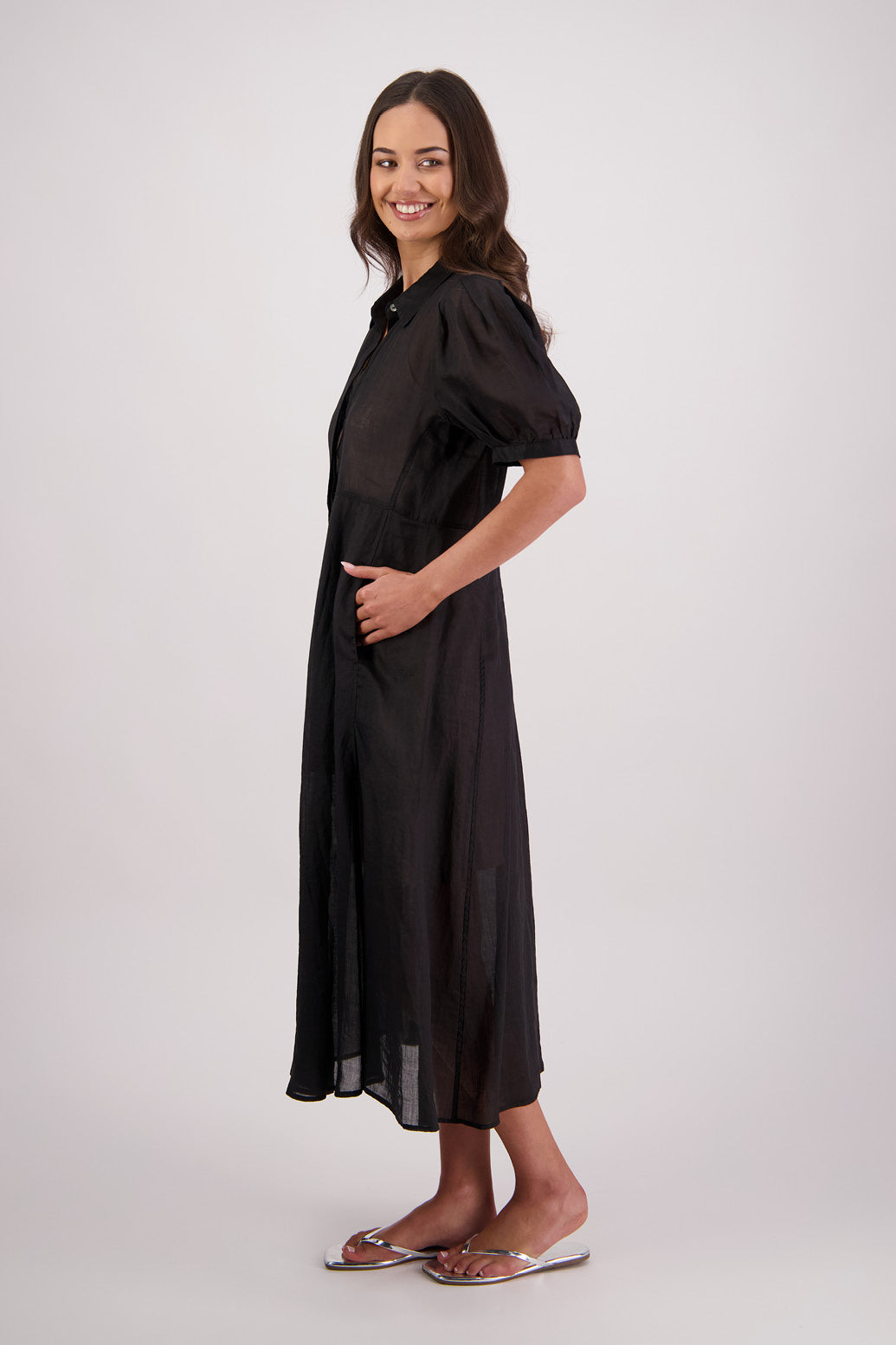 Side view Briarwood Thelma Shirt Dress in Black.