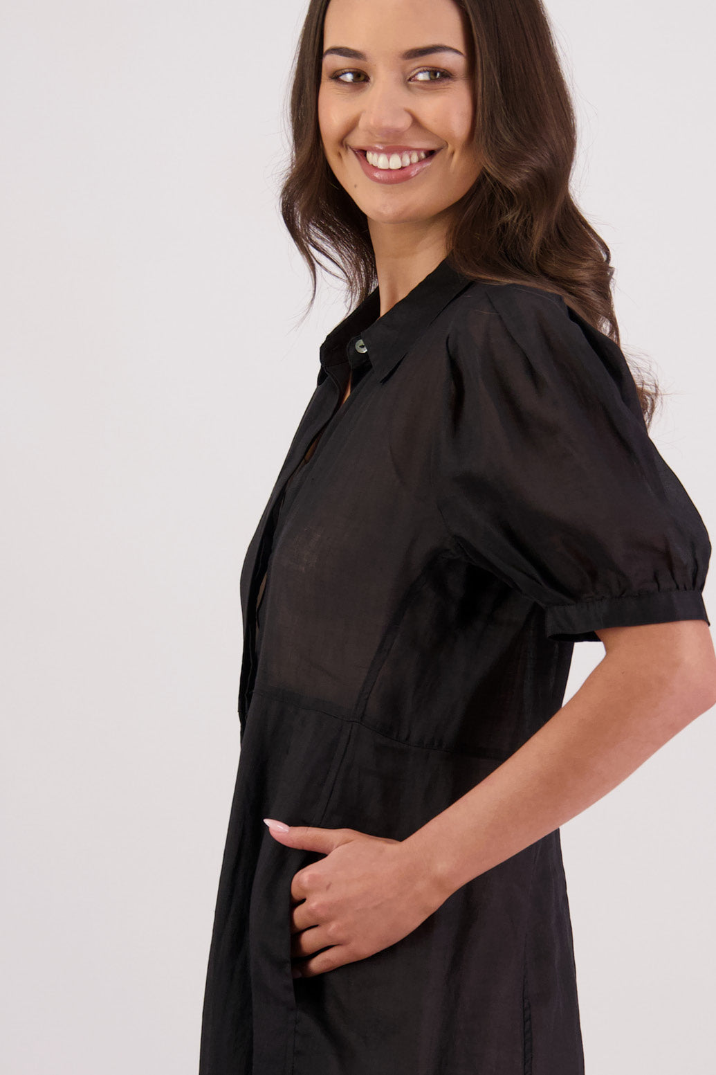 Closeup side view Briarwood Thelma Shirt Dress in Black.