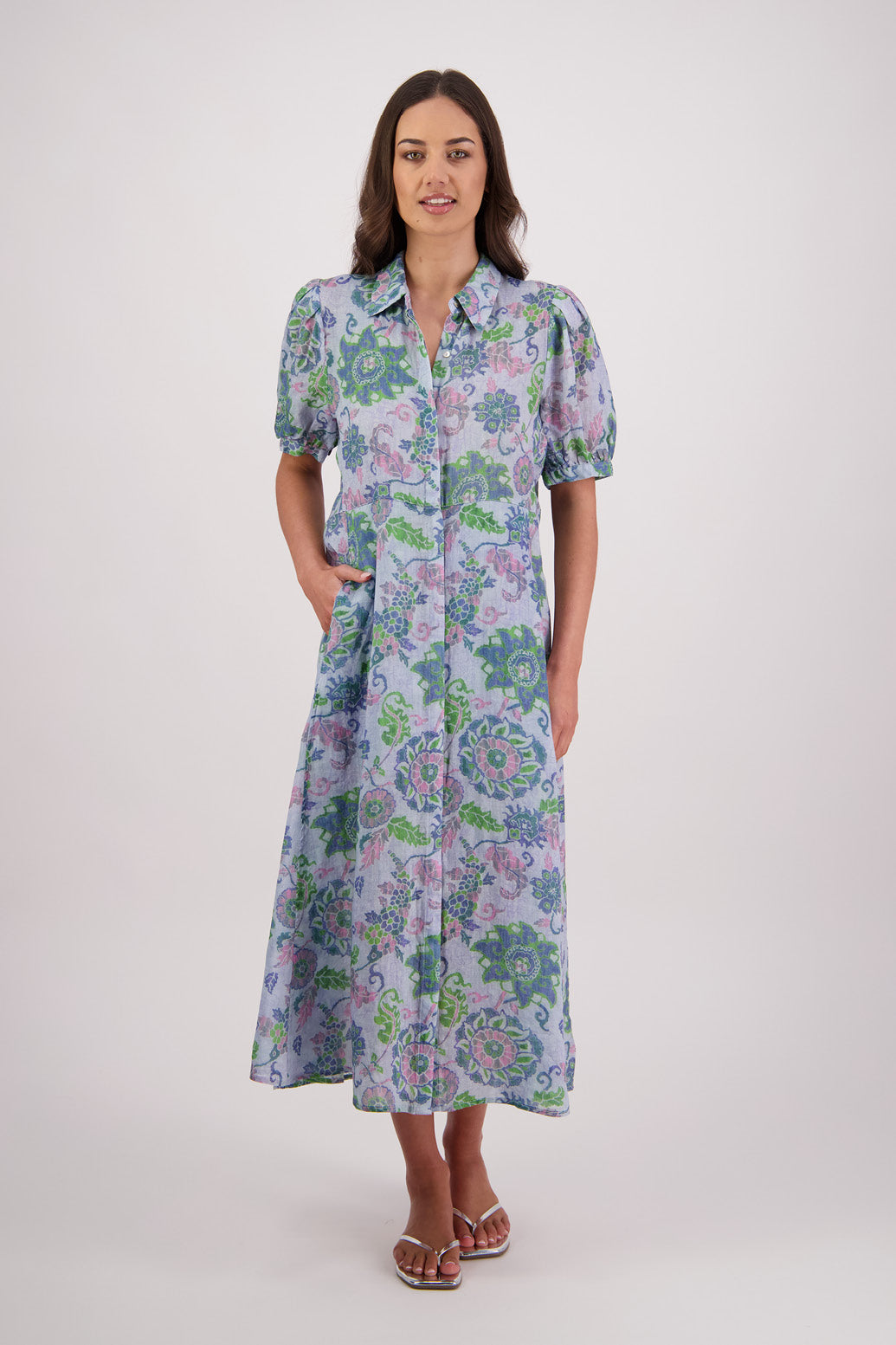 Briarwood Thelma Shirt Dress in Blue Floral print, 100% Ramie.