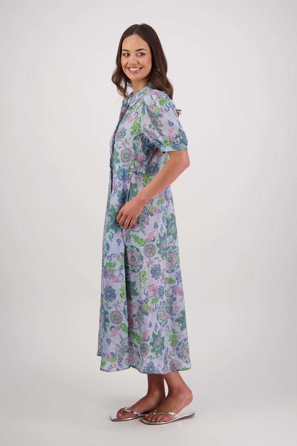 Side view of Briarwood Thelma Shirt Dress in Blue Floral print.