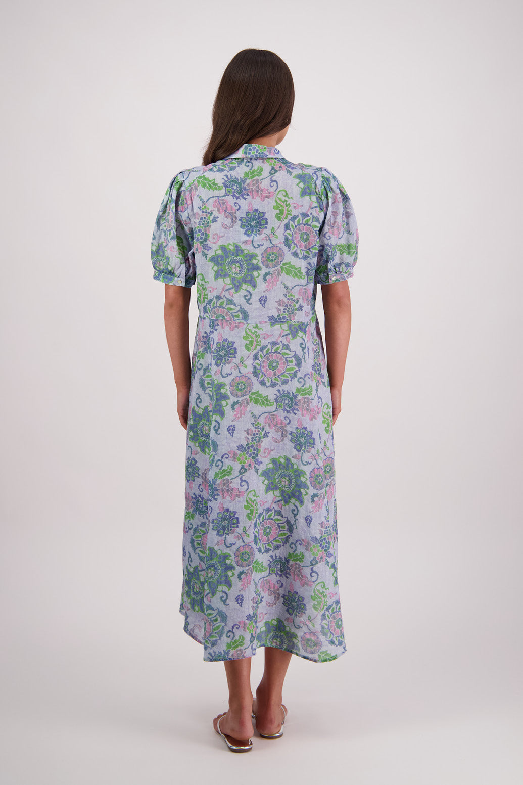 Back view of Briarwood Thelma Shirt Dress in Blue Floral print.