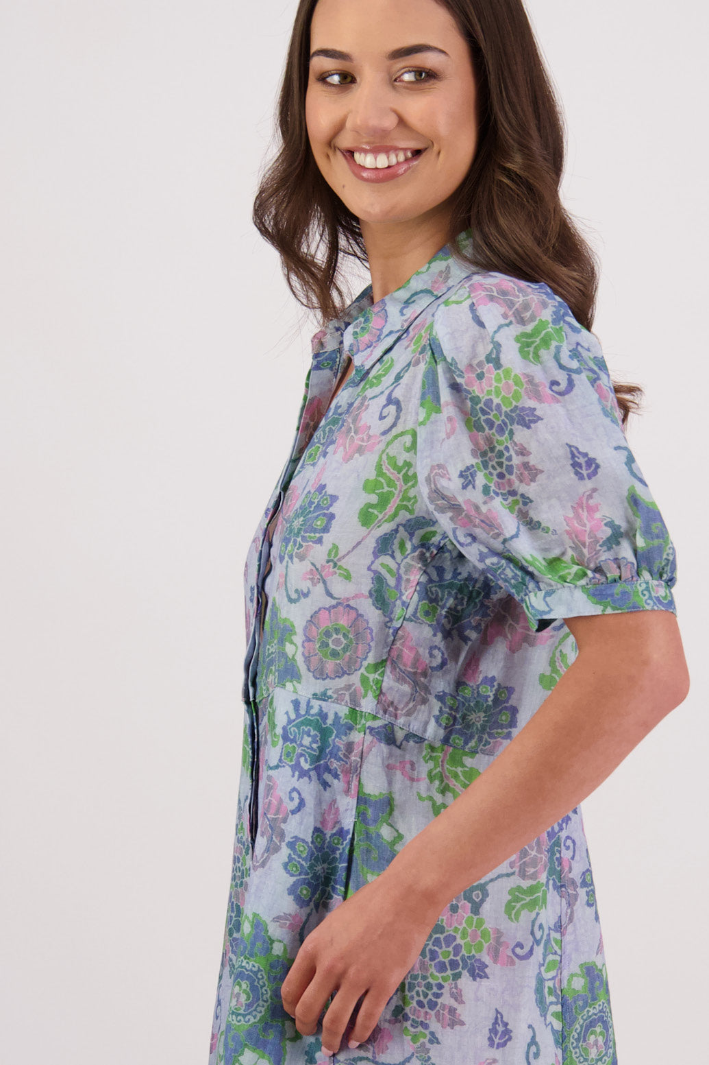 Close up side view of Briarwood Thelma Shirt Dress in Blue Floral print.