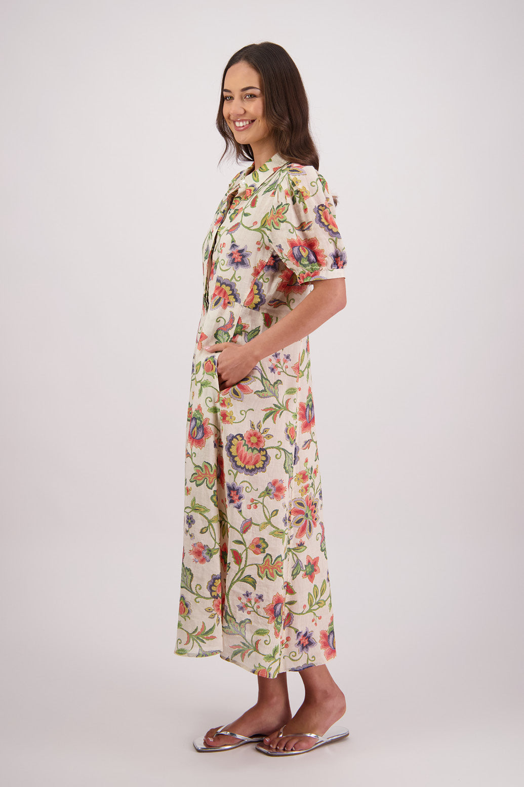 Side view Briarwood Thelma Shirt Dress in Jacobean print.
