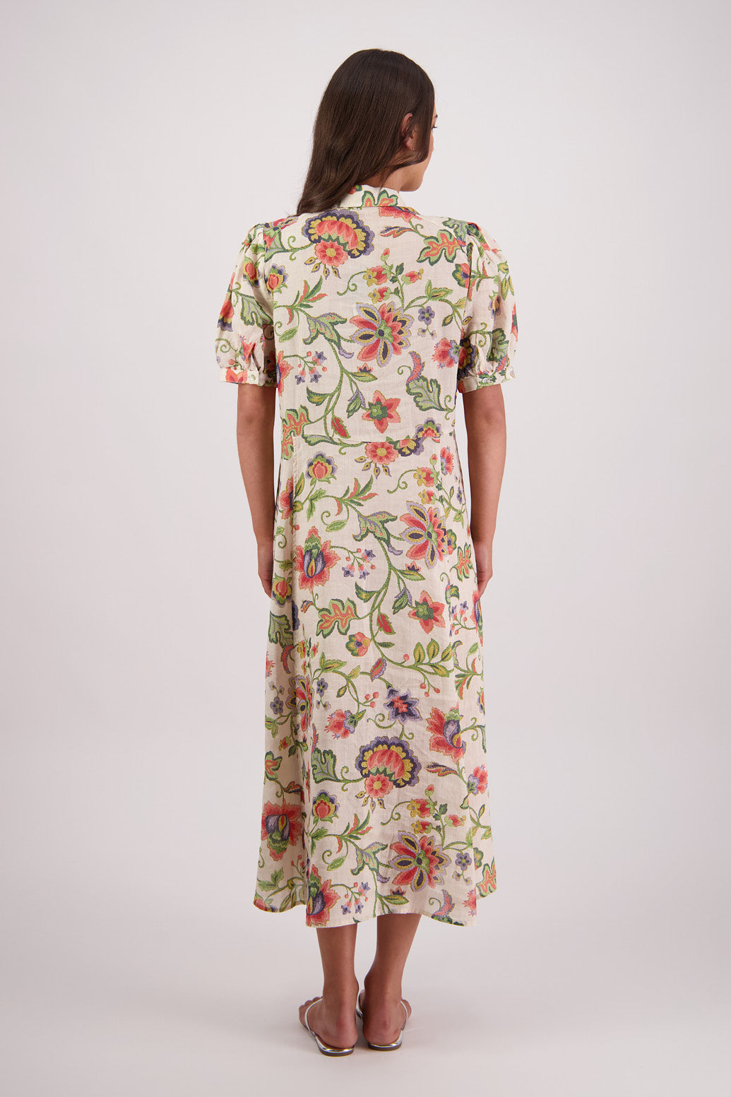 Back view Briarwood Thelma Shirt Dress in Jacobean print.
