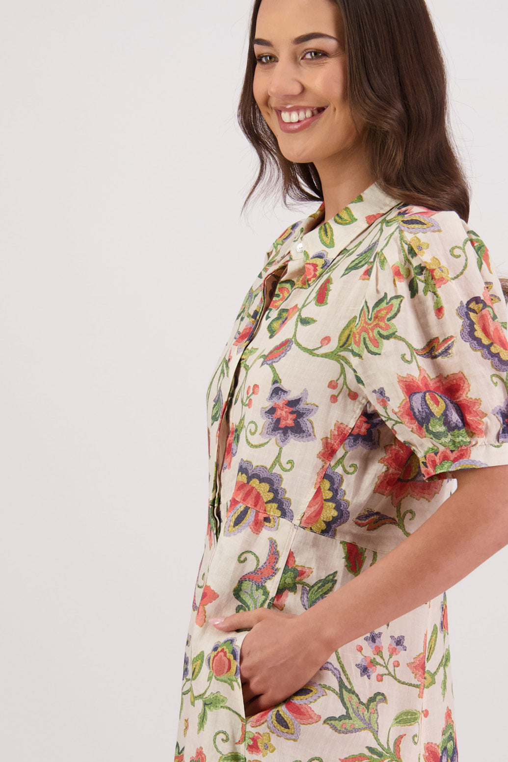 Close up side view Briarwood Thelma Shirt Dress in Jacobean print.