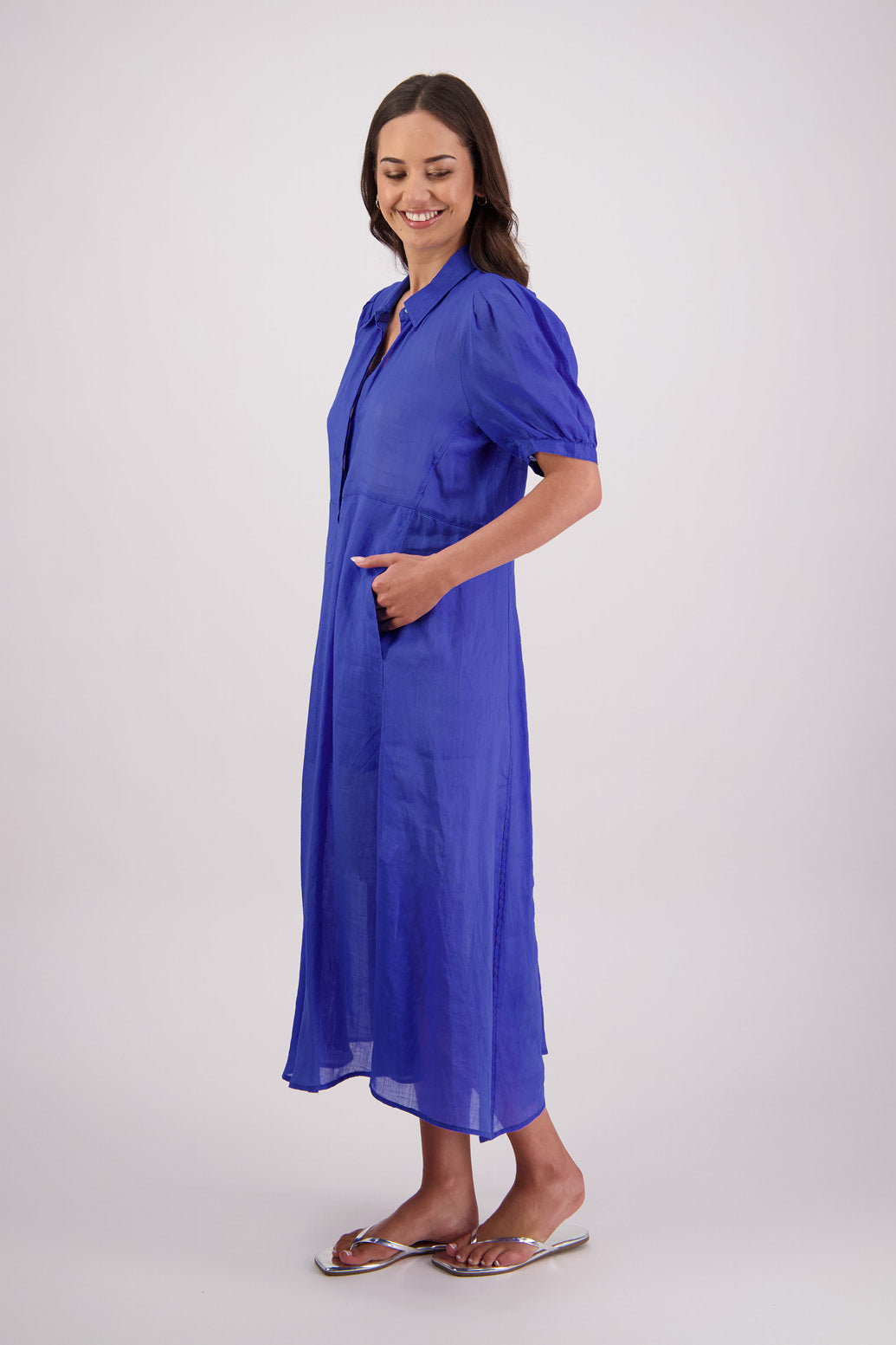 Side view Briarwood Thelma Shirt Dress in Royal.