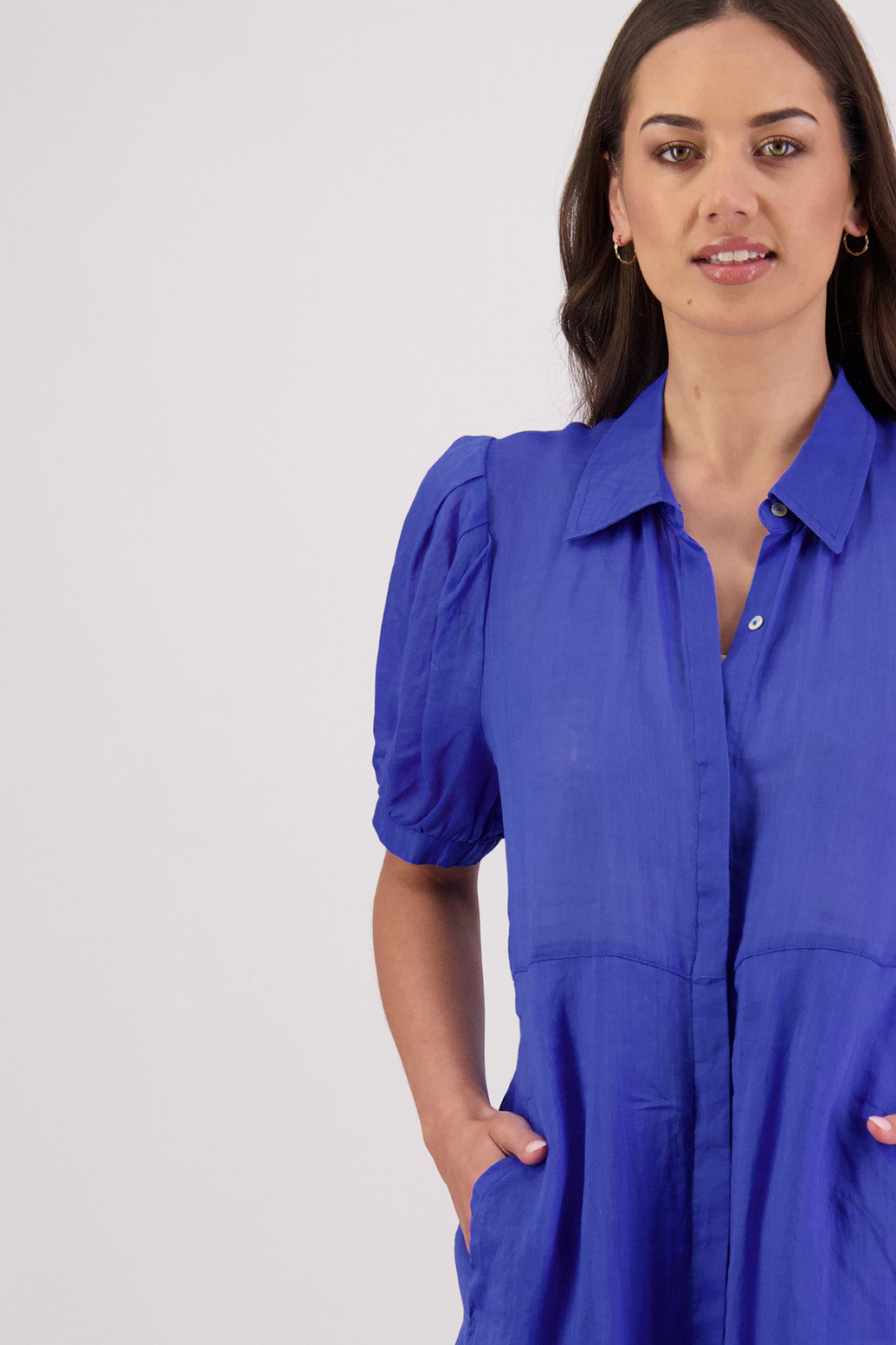 Closeup front view Briarwood Thelma Shirt Dress in Royal.
