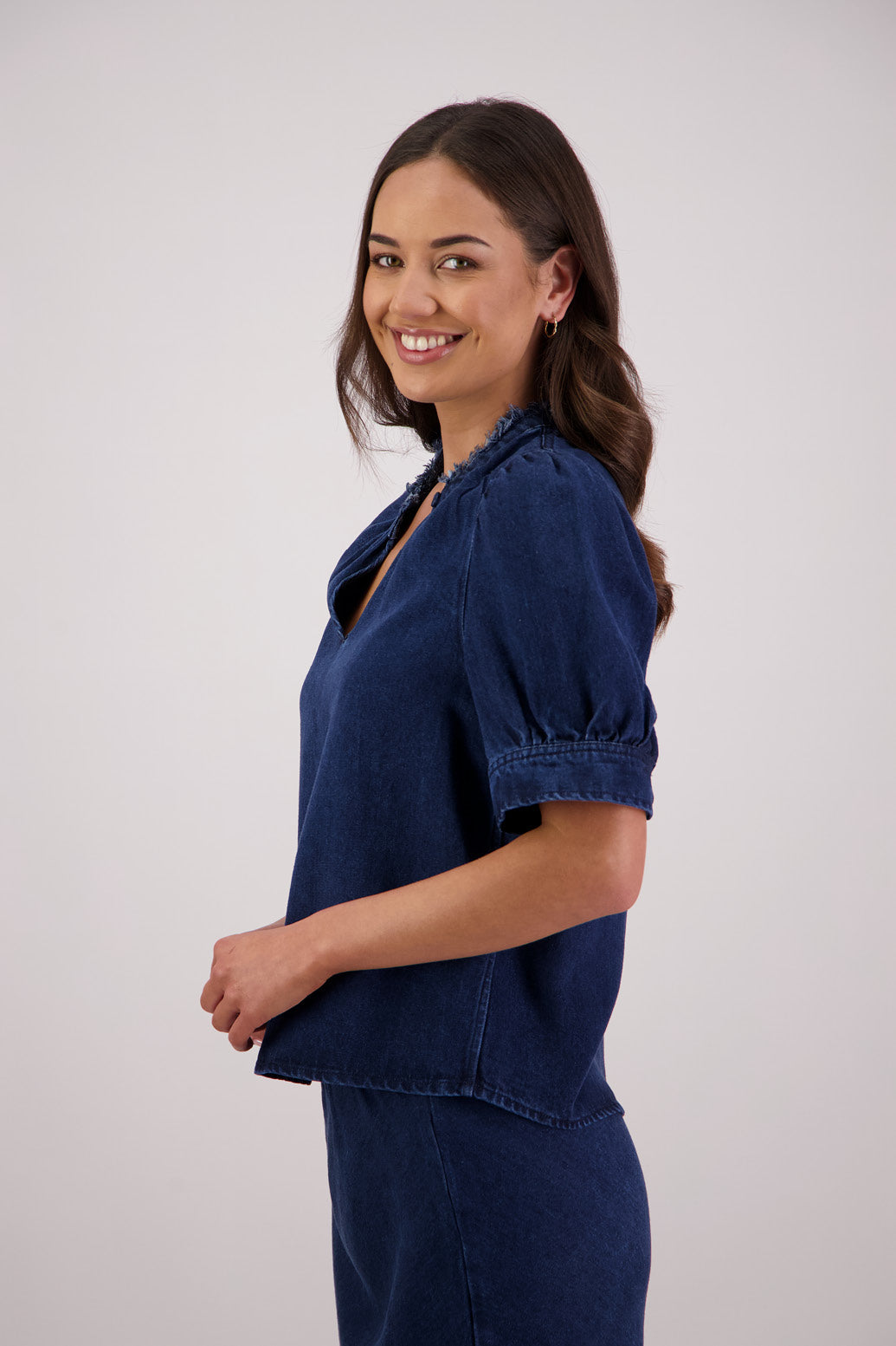 Side view Briarwood Theodore Tencel Denim Shirt.