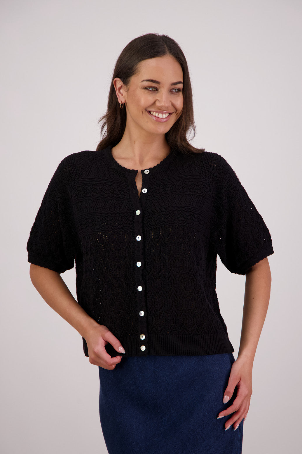 Briarwood Theresa Knit Cardigan in Black, 100% Cotton.
