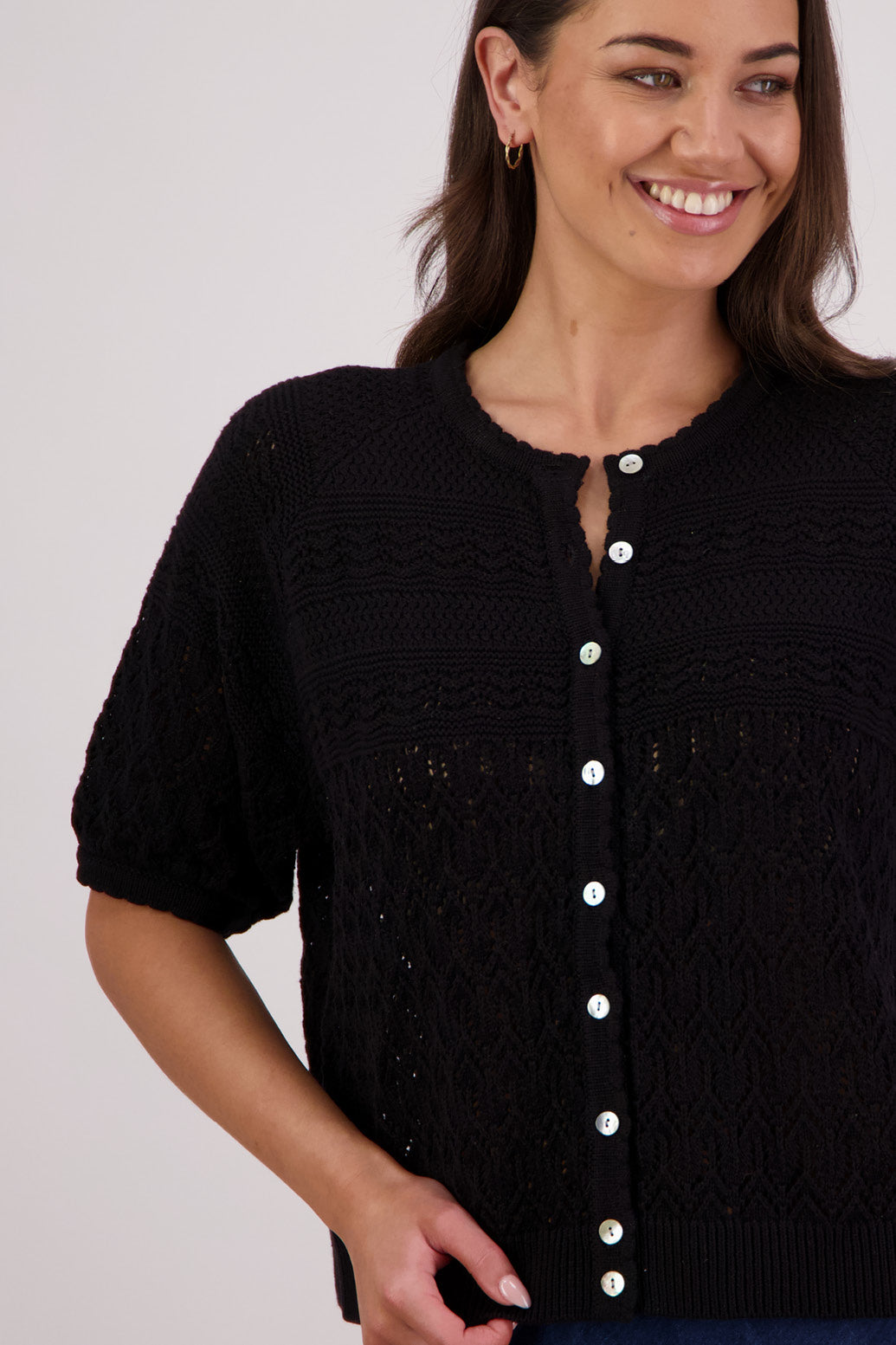 Closeup front view Briarwood Theresa Knit Cardigan in Black.
