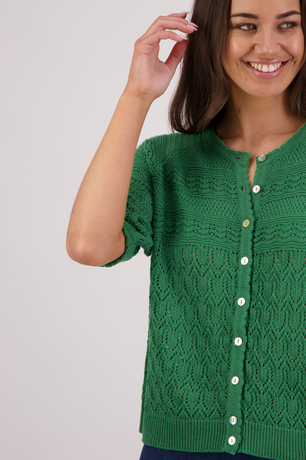 Closeup front view Briarwood Theresa Knit Cardigan in Green.