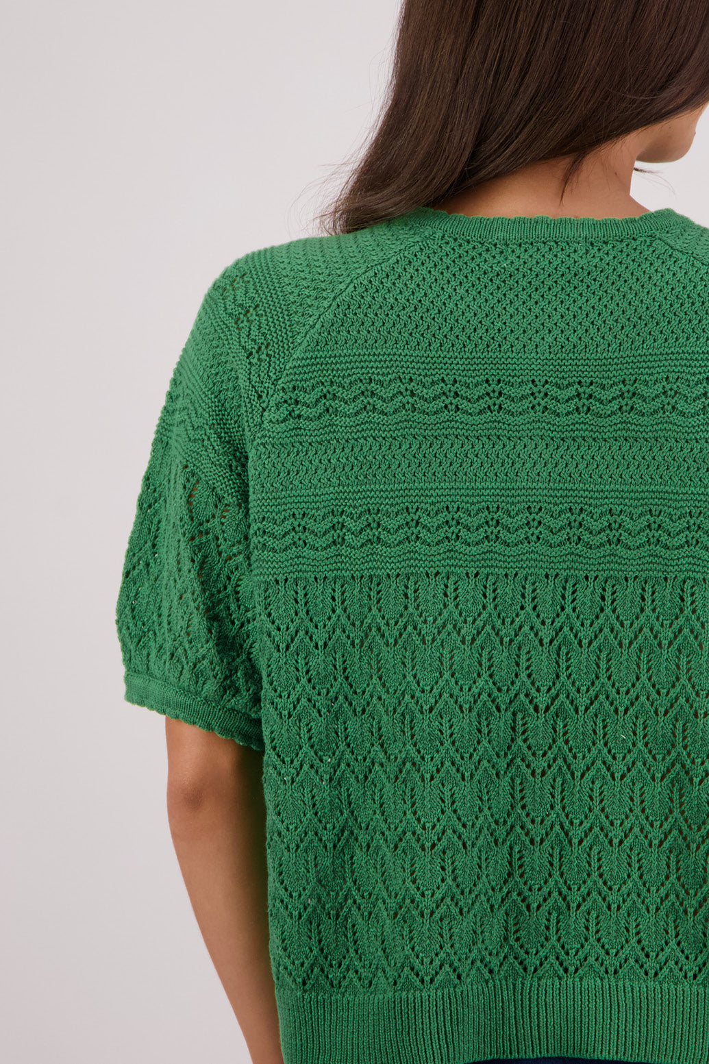 Closeup back view Briarwood Theresa Knit Cardigan in Green.