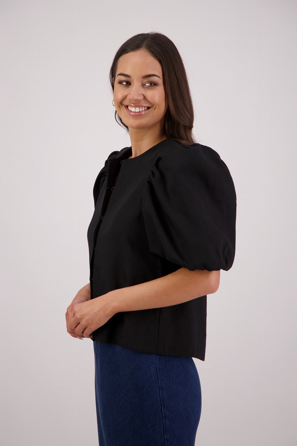 Side view Briarwood Therese Top/Jacket in Black.