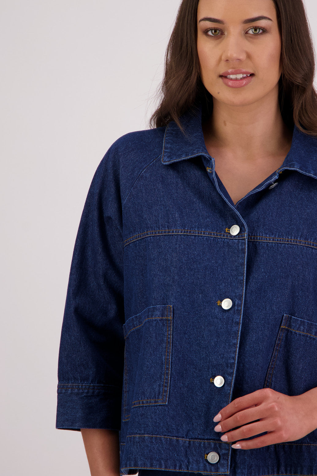 Closeup front view Briarwood Thomas Denim Swing Jacket.