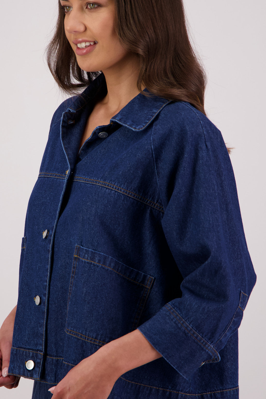 Closeup side view Briarwood Thomas Denim Swing Jacket.