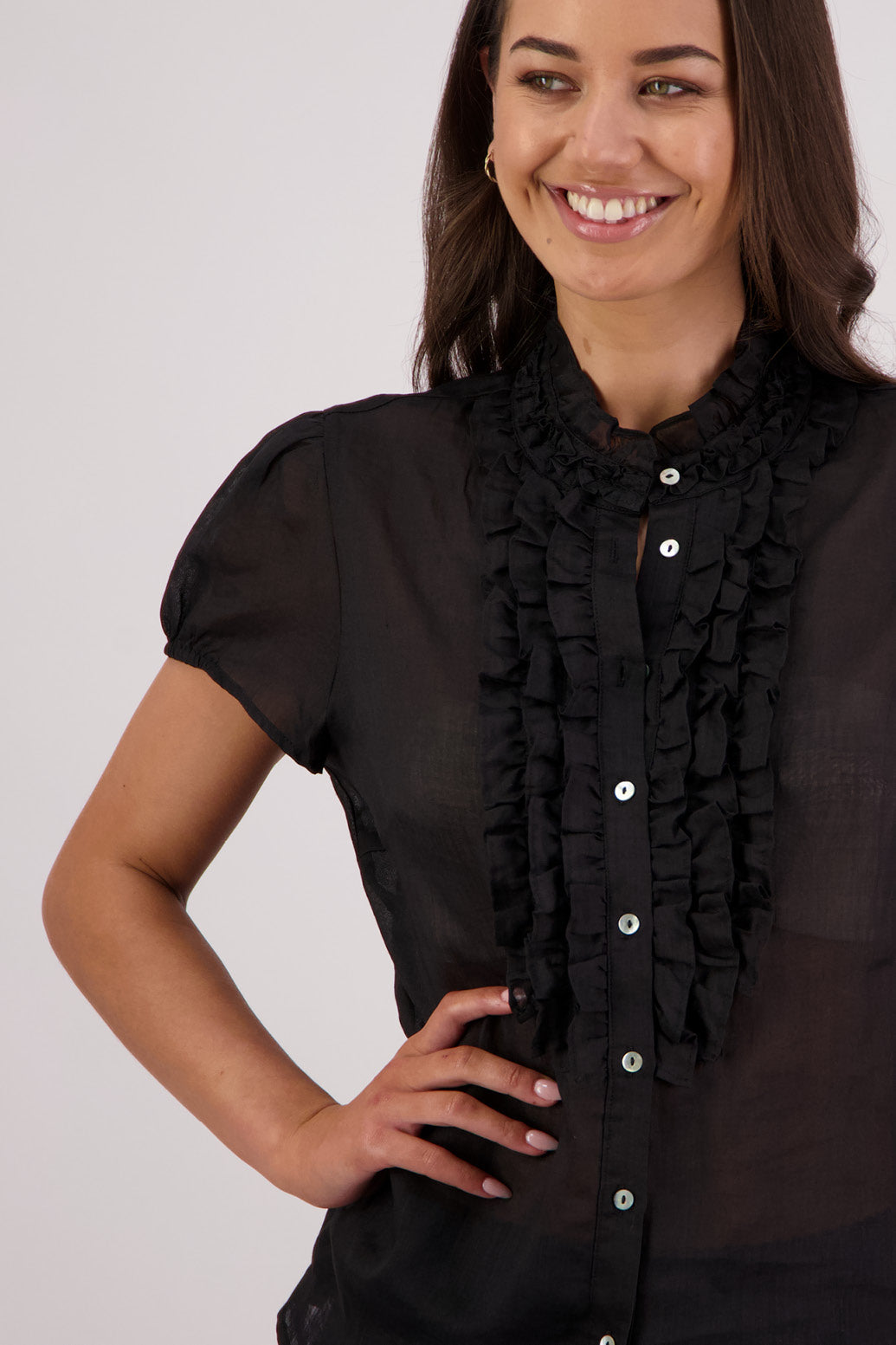Closeup front view Briarwood Tibby Shirt in Black.
