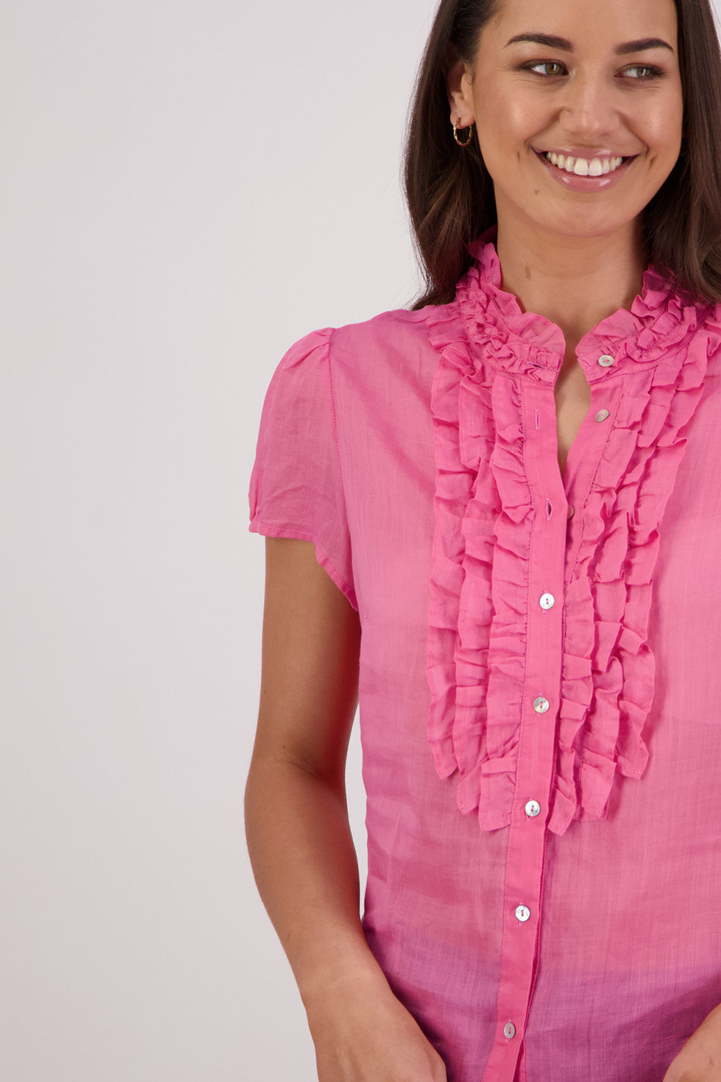 Closeup front view Briarwood Tibby Shirt in Pale Pink.