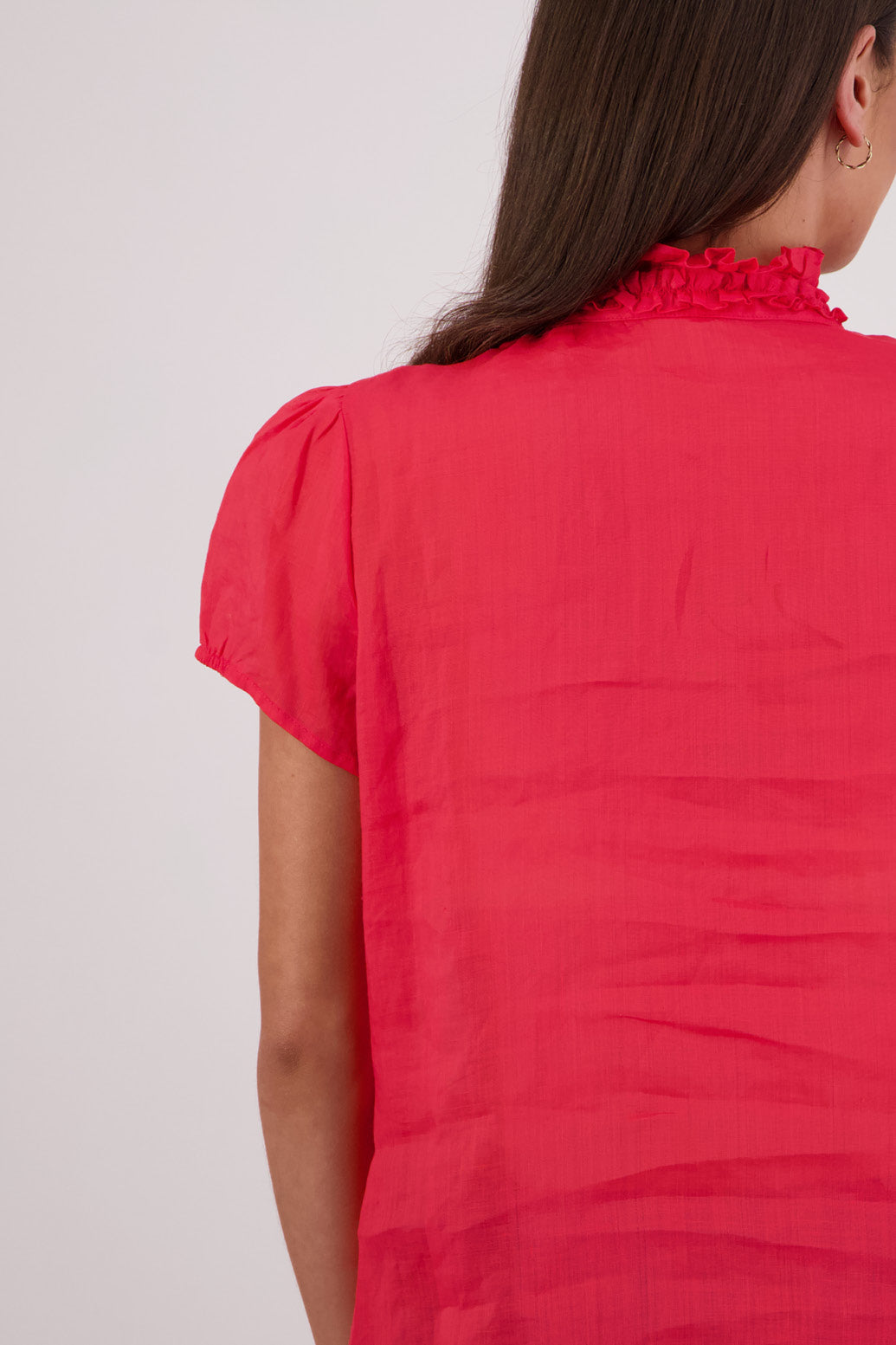 Closeup back view Briarwood Tibby Shirt in Red.