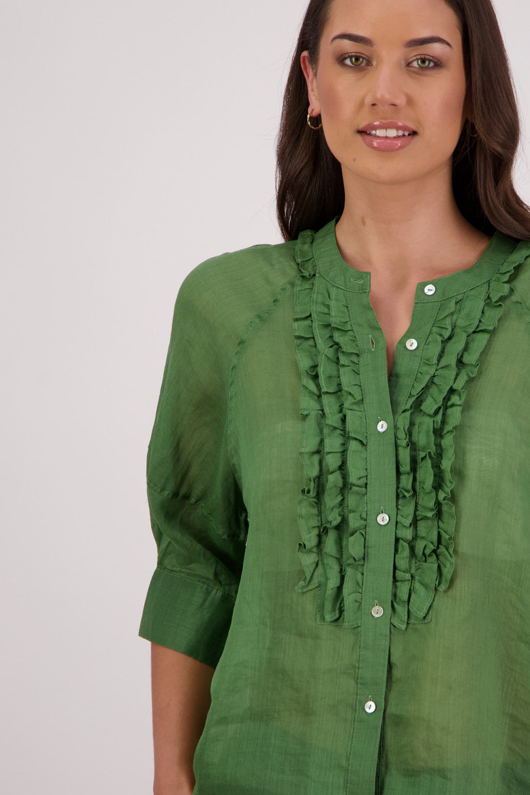 Closeup front view Briarwood Tiffany Shirt in Green.