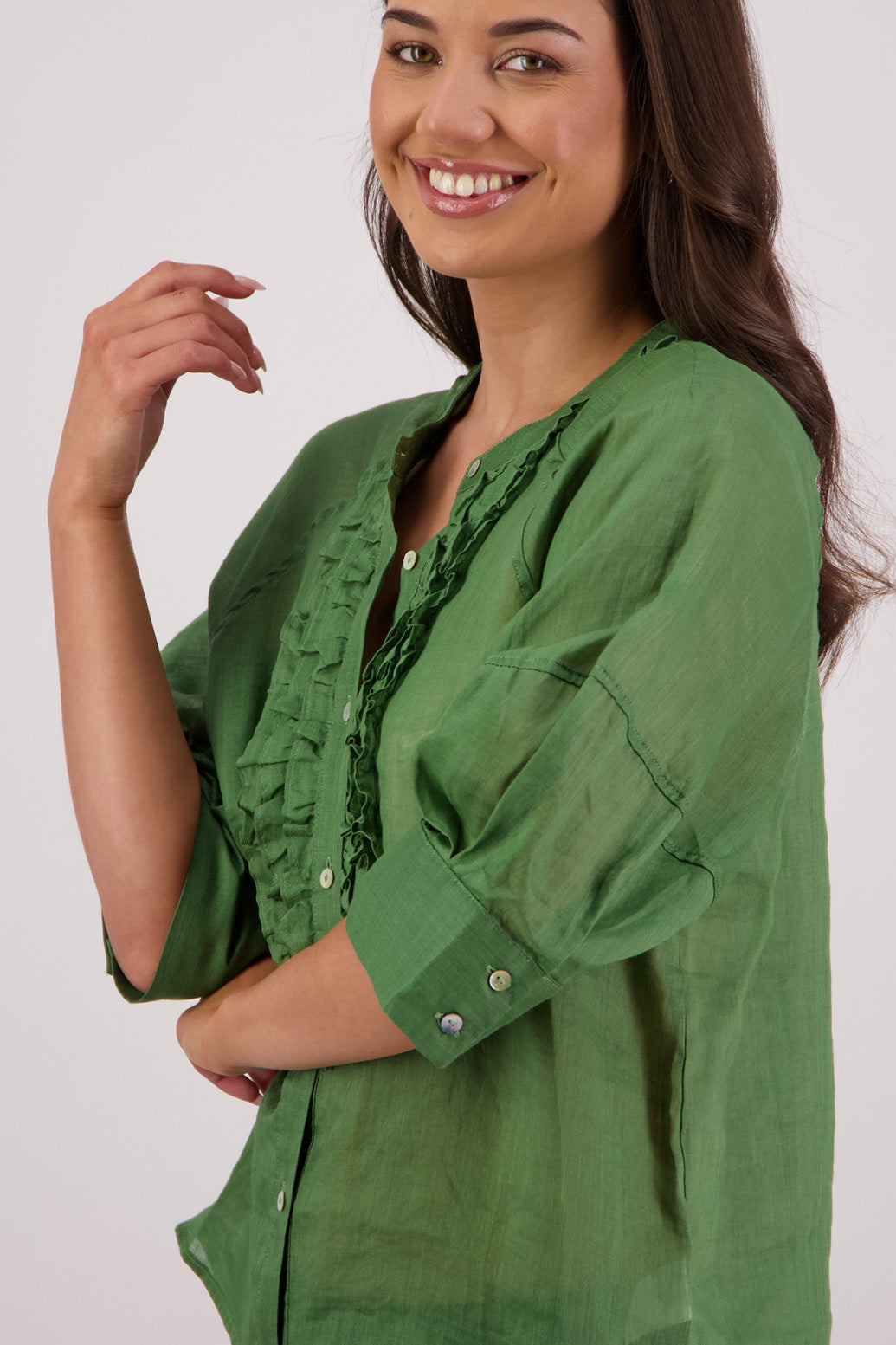 Closeup side view Briarwood Tiffany Shirt in Green.