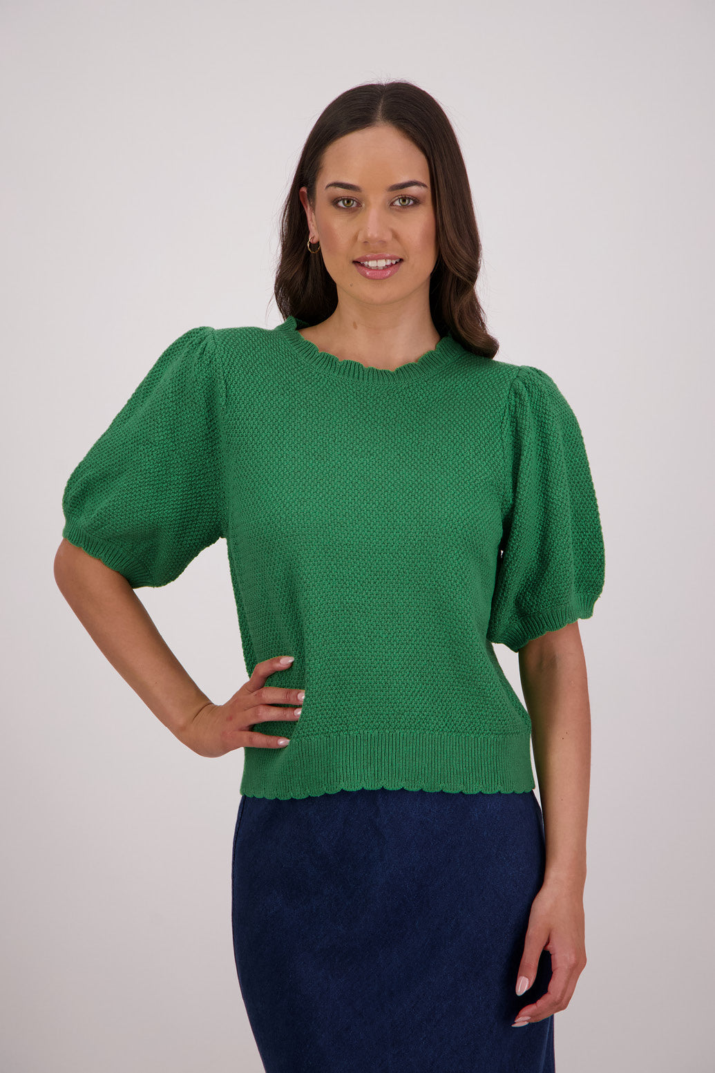 Briarwood Tiger Knit Top in Green, 100% Cotton.